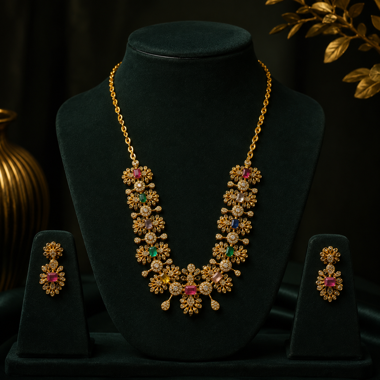 Premium Gold Floral Necklace Set with Multi-Colour Stones & Matching Earrings