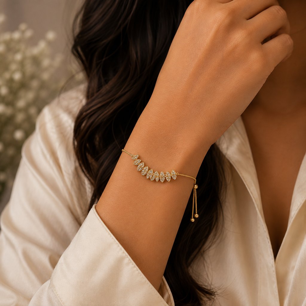 Adjustable Gold Charm Bracelet — Leaf, Crystal & Heart Designs