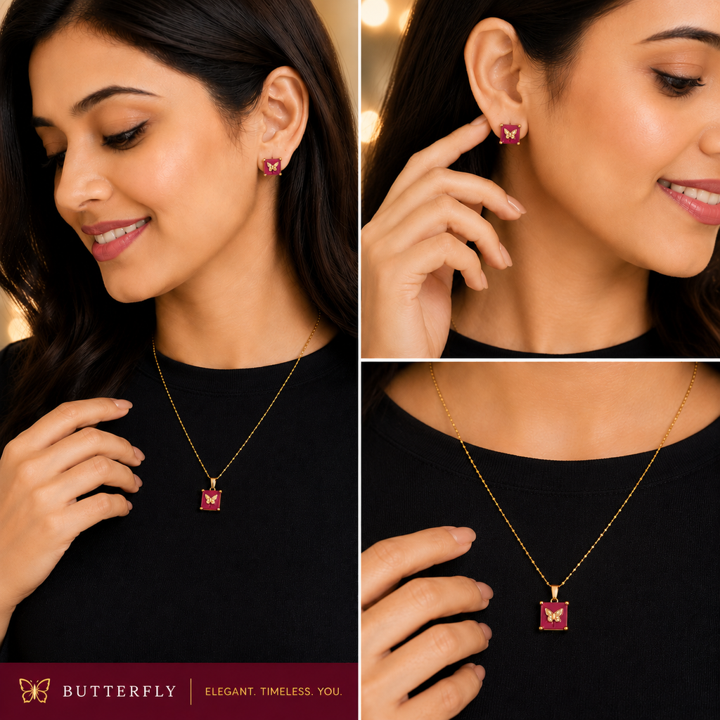 Sturdy Chain with Black Locket & Matching Butterfly Earrings (2 stunning colors)
