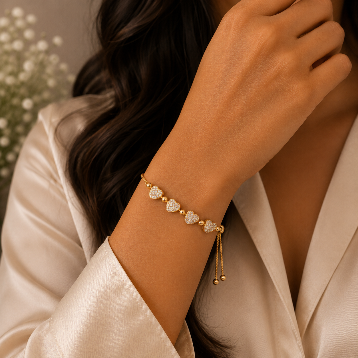 Adjustable Gold Charm Bracelet — Leaf, Crystal & Heart Designs