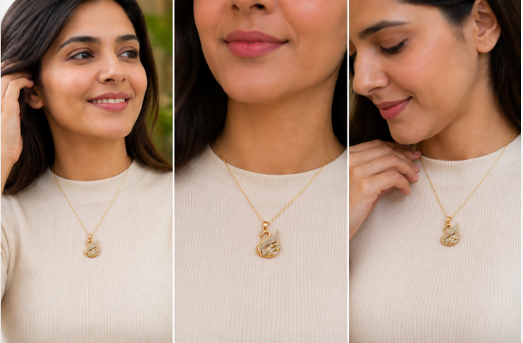 Thin Strong Chain Necklace with Stone-Studded locket