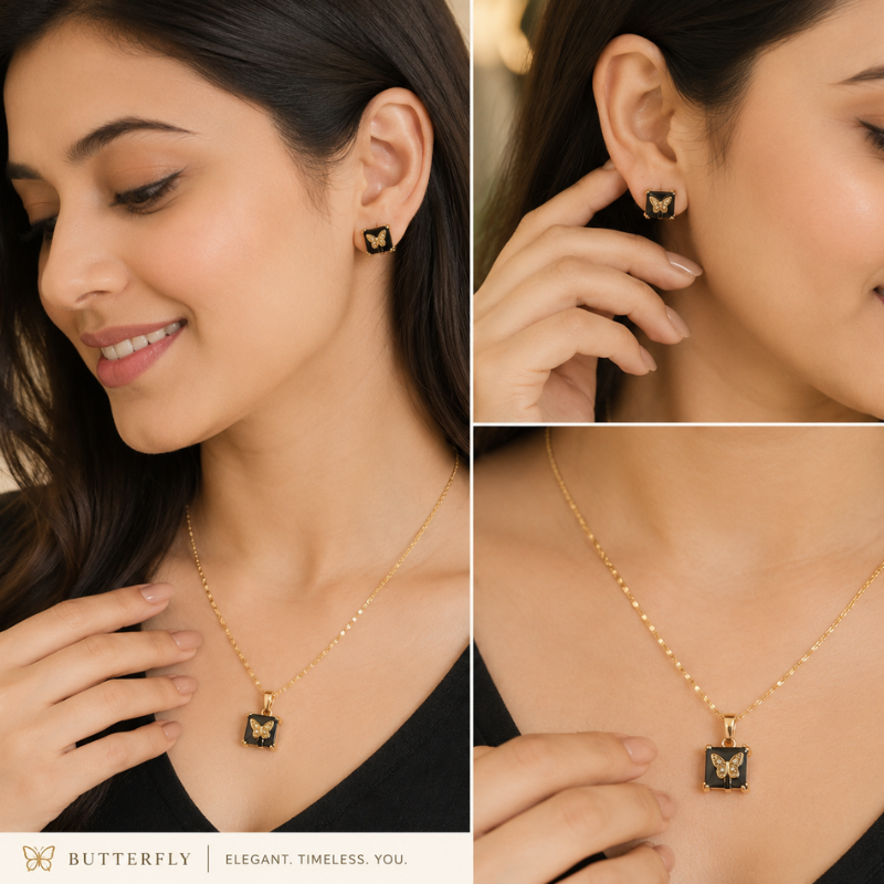 Sturdy Chain with Black Locket & Matching Butterfly Earrings (2 stunning colors)